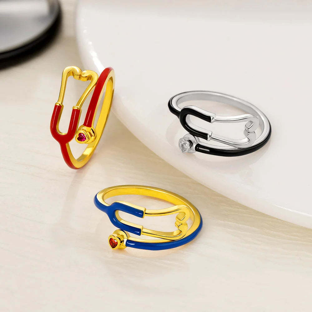 Personalized Multicolor Enamel Stethoscope Heart Birthstone Ring Nurses Week Appreciation Gift for Nurse Doctor Medical Staff