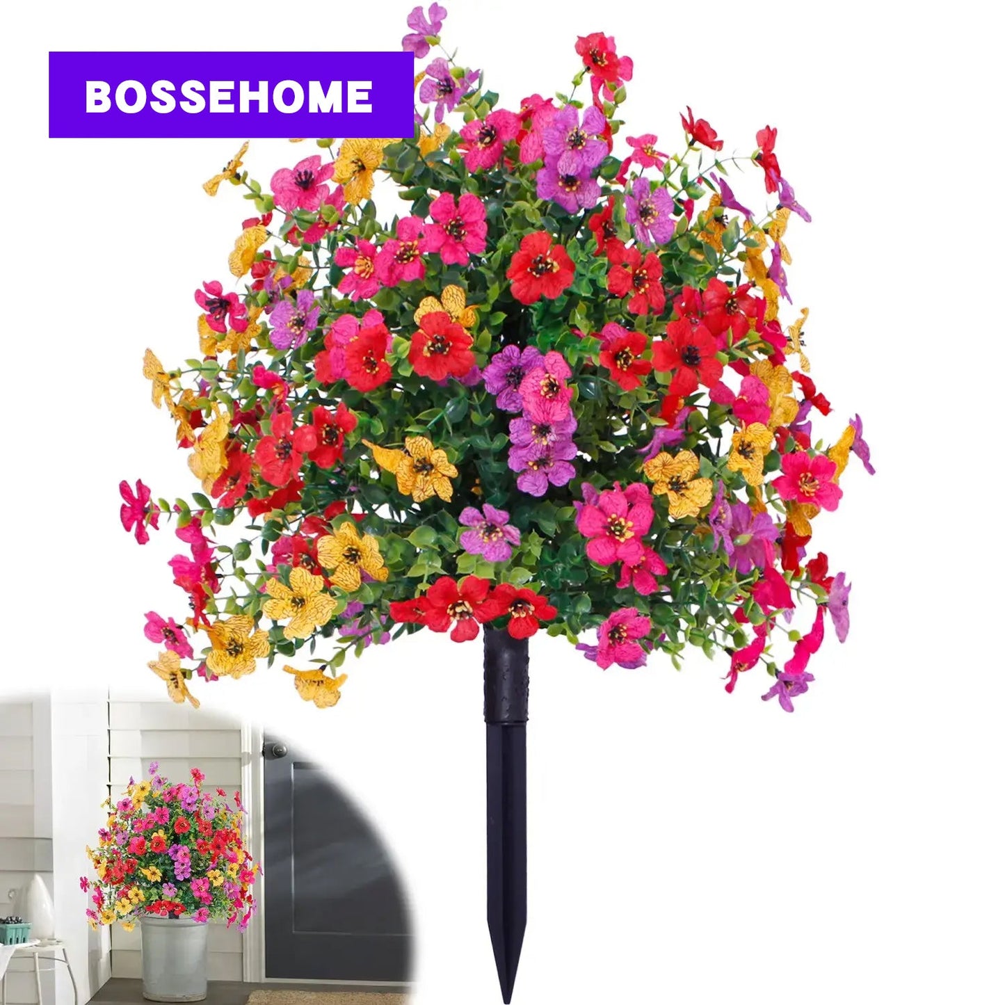 Outdoor Artificial Eucalyptus and Violet Flower Stakes - UV Resistant Faux Floral Garden Decor for Patio, Yard & Home, 21.5-Inch Realistic Silk Flower Arrangement