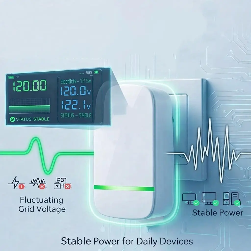 Smart plug, voltage optimization, surge protection, temperature-controlled socket, home/office, compact, plug and play.