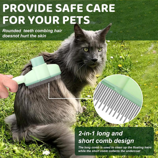 Pet Hair Removal Comb with Release Button for Cats and Dogs, De-Shedding Brush with Long & Short Stainless Steel Teeth for Efficient Hair Removal