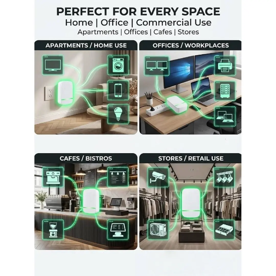 Smart plug, voltage optimization, surge protection, temperature-controlled socket, home/office, compact, plug and play.