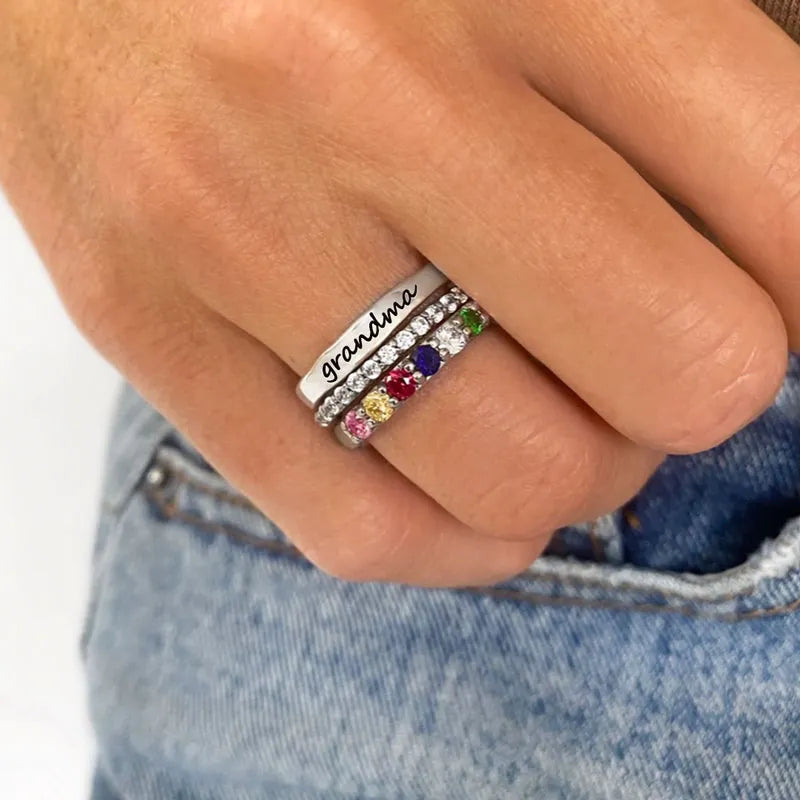 For Grandmother-Custom With Grandkids' Birthstones Stack Ring