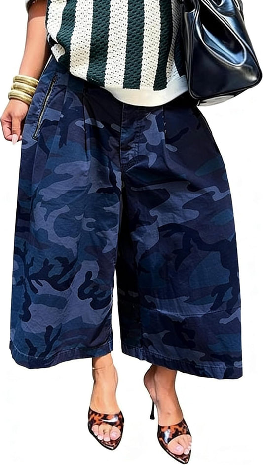 Women Baggy Cargo Jeans Camo Army Fatigue Wide Leg Harem Cropped Denim Pants Plus Size Camouflage Jean Trousers