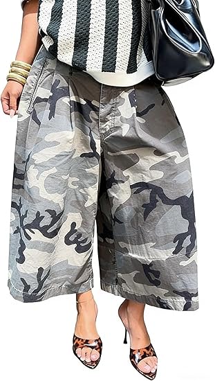 Women Baggy Cargo Jeans Camo Army Fatigue Wide Leg Harem Cropped Denim Pants Plus Size Camouflage Jean Trousers