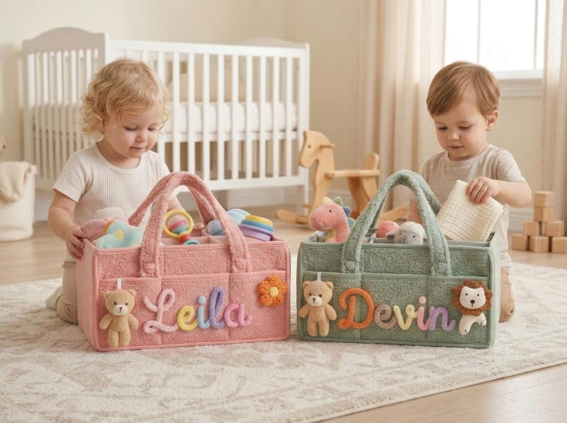 Personalized Plush Baby Storage Basket, Custom Yarn Name Diaper Caddy, Nursery Organizer Basket, Baby Shower Gift for New Mom