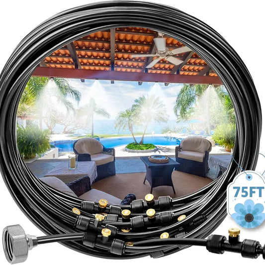 75FT (23M) Pre-Assembled Misting Cooling System - Professional Brass Nozzles for Patio, Trampoline, Garden & Greenhouse