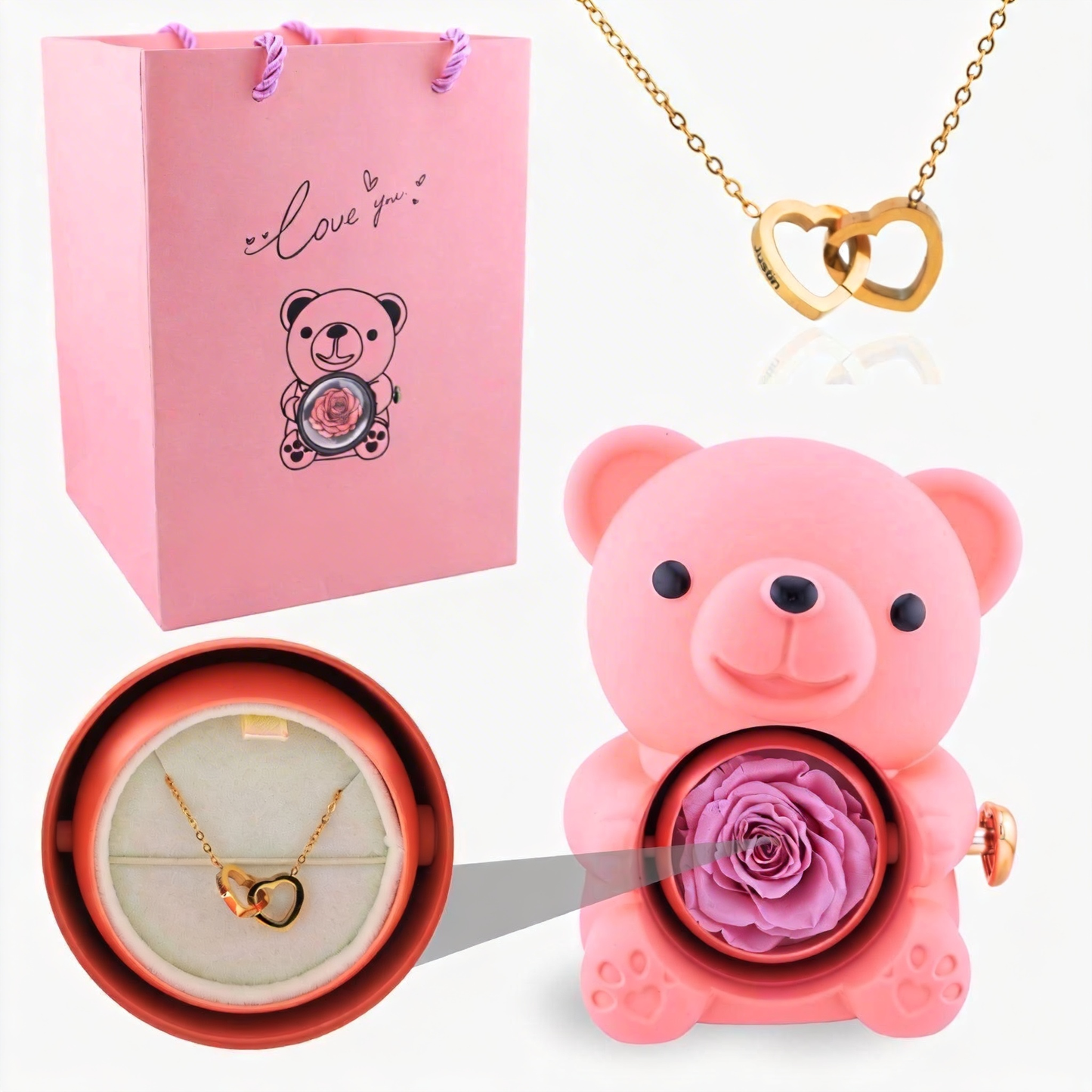 Eternal Rose Bear with Engraved Necklace