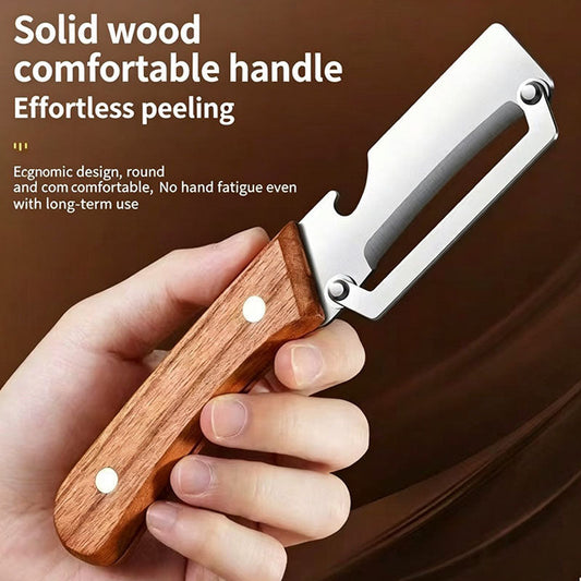 Premium Stainless Steel Vegetable Peeler with Ergonomic Solid Wood Handle - Professional Sharp Fruit and Potato Peeler with Integrated Bottle Opener