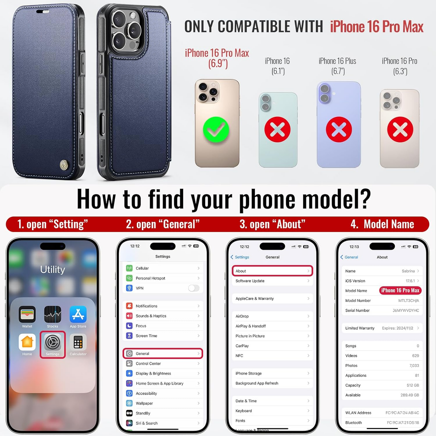 Premium Leather Wallet Folio Case for iPhone 16 Pro Max