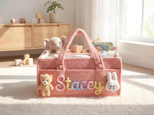 Personalized Plush Baby Storage Basket, Custom Yarn Name Diaper Caddy, Nursery Organizer Basket, Baby Shower Gift for New Mom