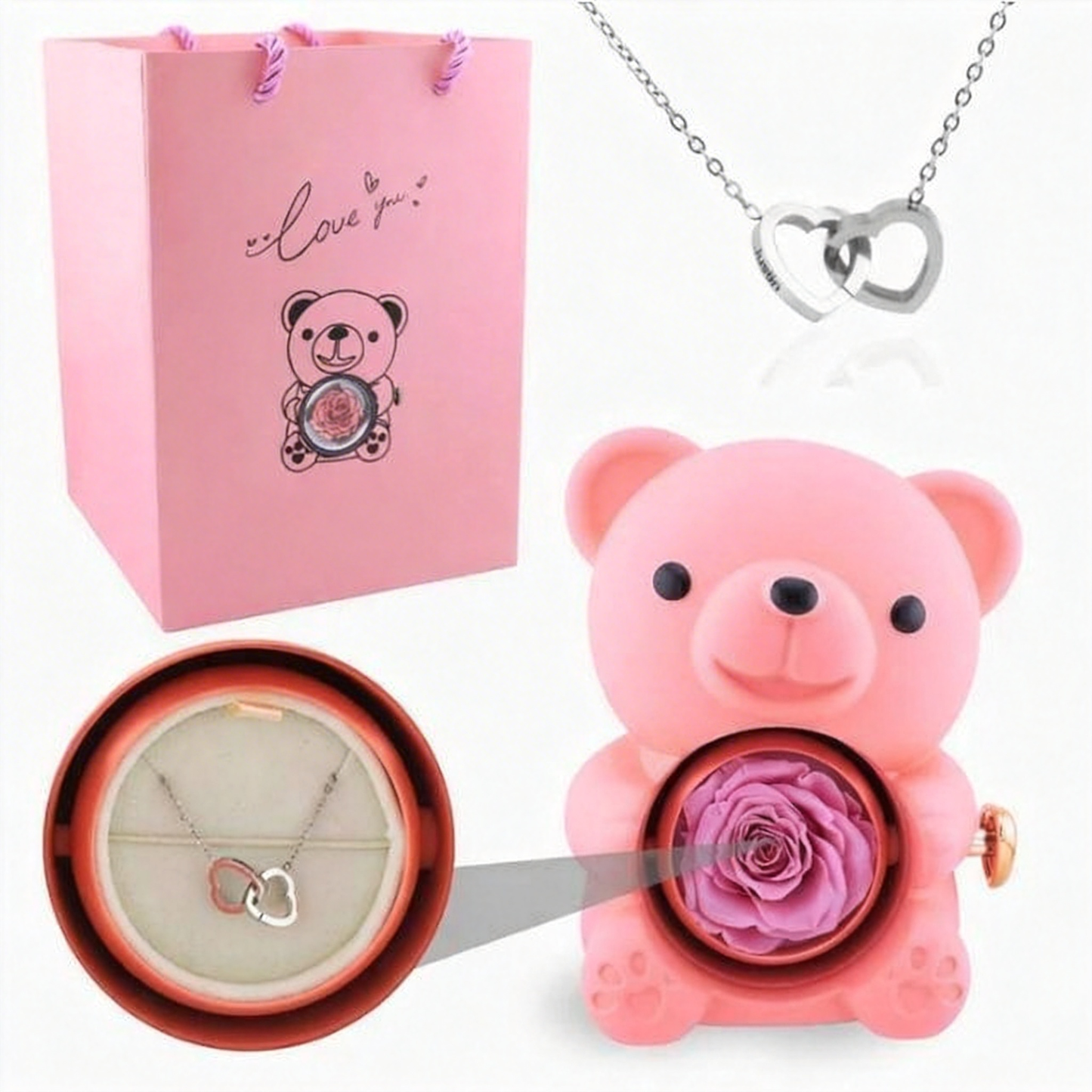 Eternal Rose Bear with Engraved Necklace