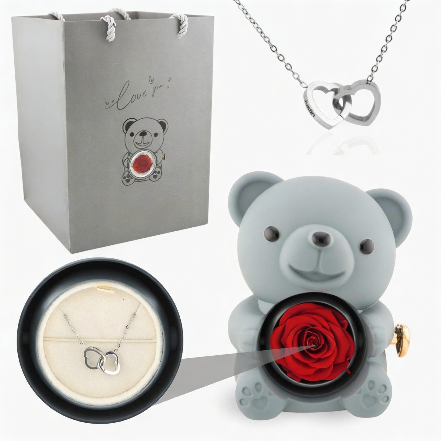 Eternal Rose Bear with Engraved Necklace