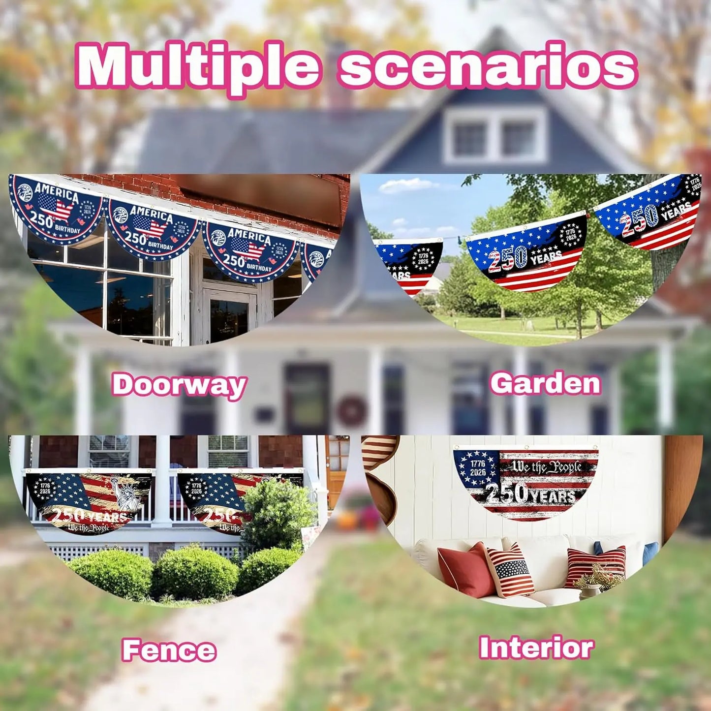 【2026 USA 250th】America 250 Years Patriotic Bunting Flag | Semicircle Porch Banner
