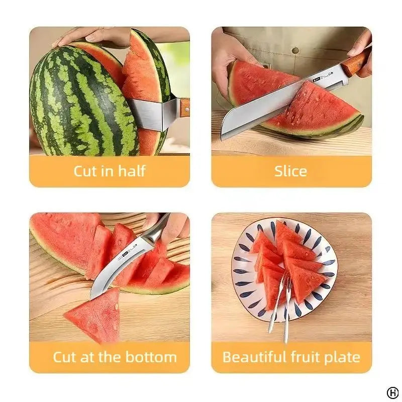 Effortless Watermelon Slicer & Server – No-Mess Stainless Steel Melon Cutter with Wooden Handle