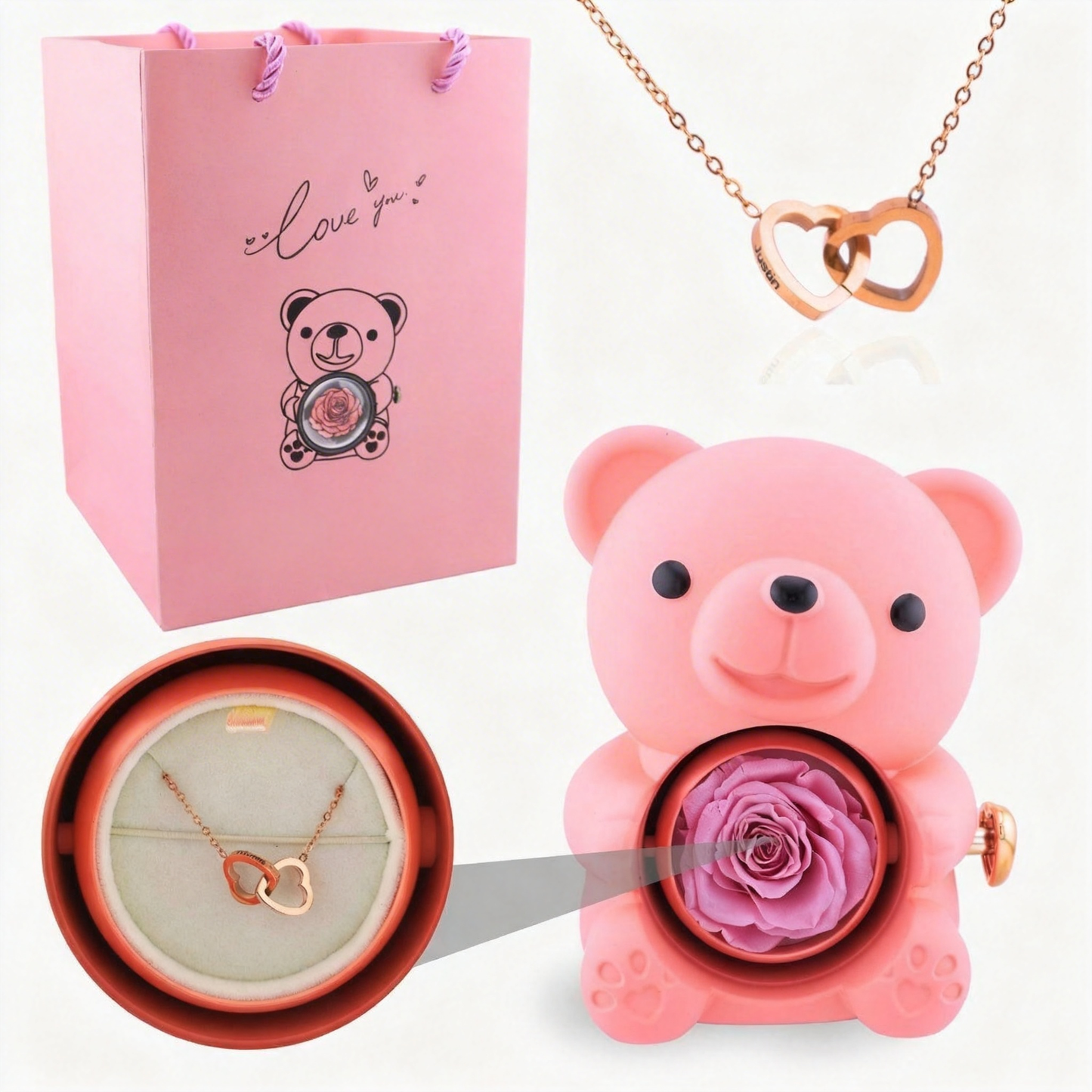 Eternal Rose Bear with Engraved Necklace