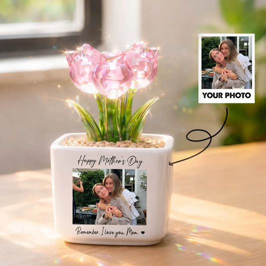 Personalized Photo Glass Tulip Potted Plant - Custom Flower Pot with Picture, Photo Gift for Mom, Mother’s Day Gift, Birthday Gift for Mom - Personalized Photo Glass Tulip