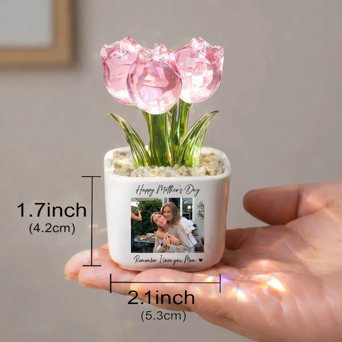 Personalized Photo Glass Tulip Potted Plant - Custom Flower Pot with Picture, Photo Gift for Mom, Mother’s Day Gift, Birthday Gift for Mom - Personalized Photo Glass Tulip