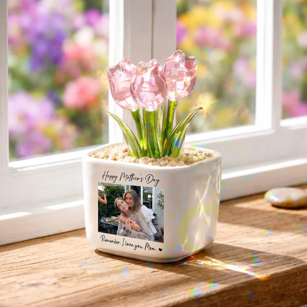Personalized Photo Glass Tulip Potted Plant - Custom Flower Pot with Picture, Photo Gift for Mom, Mother’s Day Gift, Birthday Gift for Mom - Personalized Photo Glass Tulip