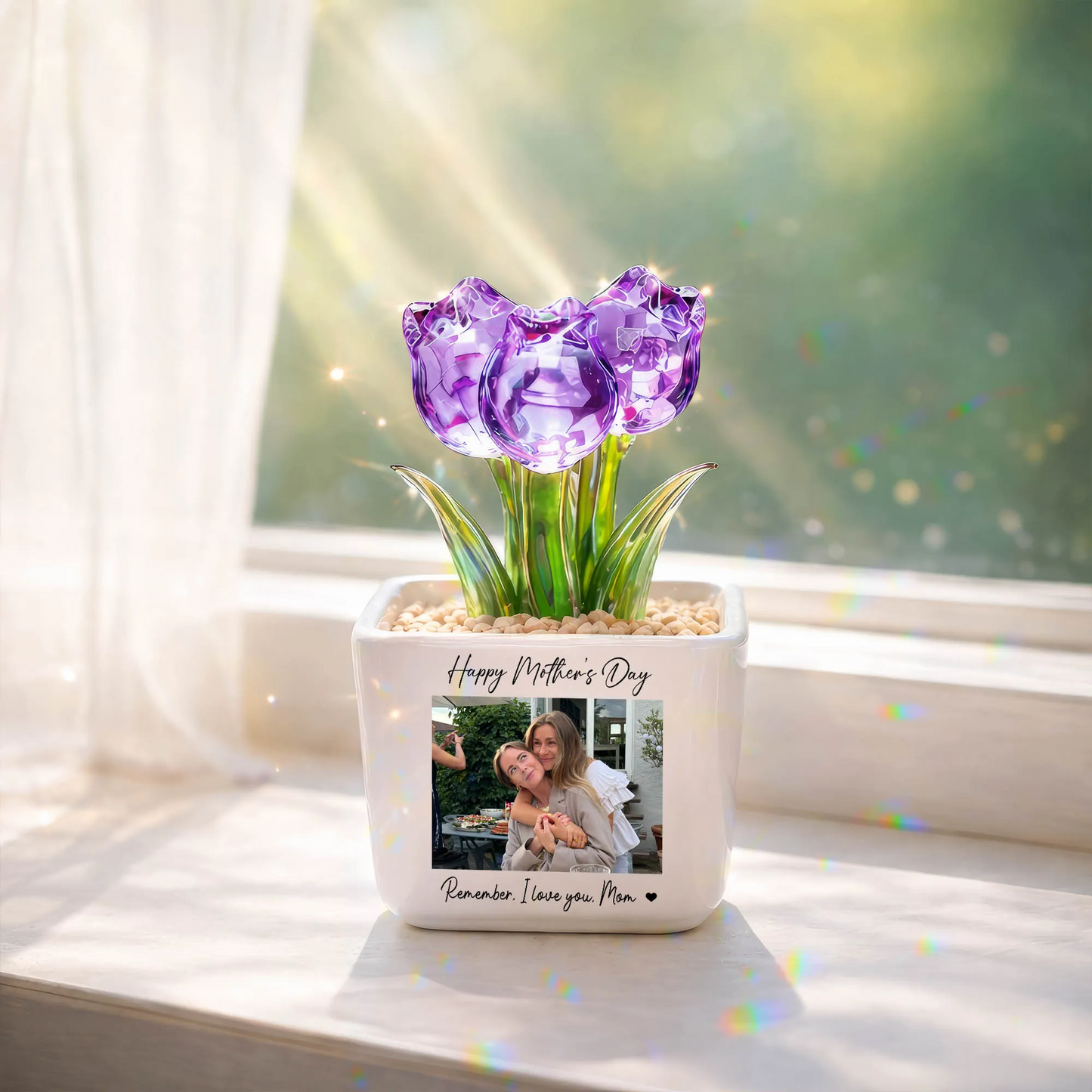 Personalized Photo Glass Tulip Potted Plant - Custom Flower Pot with Picture, Photo Gift for Mom, Mother’s Day Gift, Birthday Gift for Mom - Personalized Photo Glass Tulip
