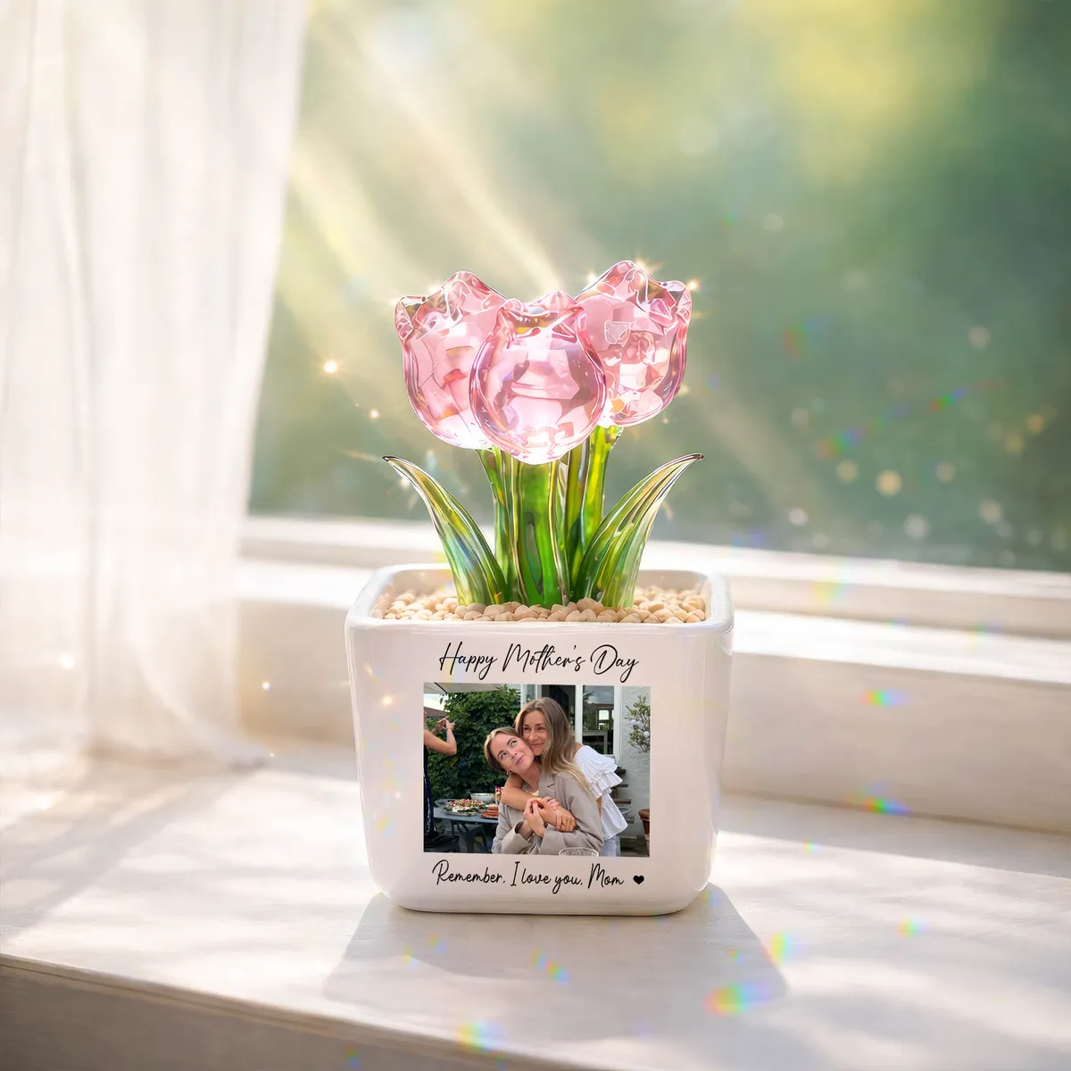 Personalized Photo Glass Tulip Potted Plant - Custom Flower Pot with Picture, Photo Gift for Mom, Mother’s Day Gift, Birthday Gift for Mom - Personalized Photo Glass Tulip