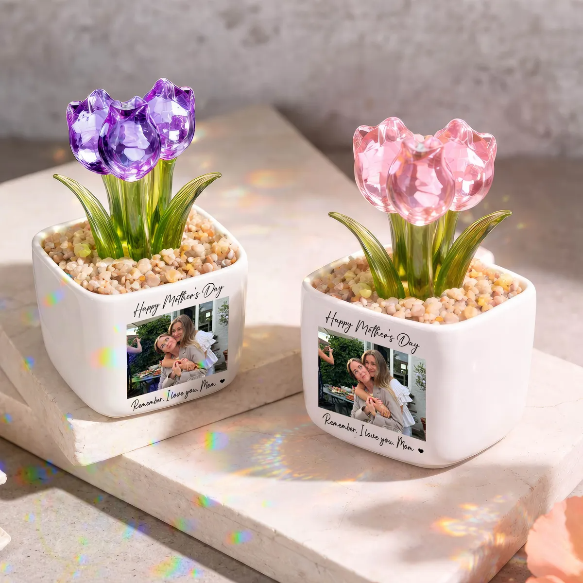 Personalized Photo Glass Tulip Potted Plant - Custom Flower Pot with Picture, Photo Gift for Mom, Mother’s Day Gift, Birthday Gift for Mom - Personalized Photo Glass Tulip