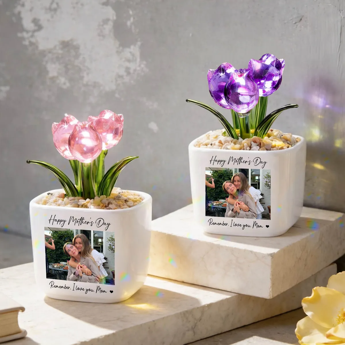 Personalized Photo Glass Tulip Potted Plant - Custom Flower Pot with Picture, Photo Gift for Mom, Mother’s Day Gift, Birthday Gift for Mom - Personalized Photo Glass Tulip