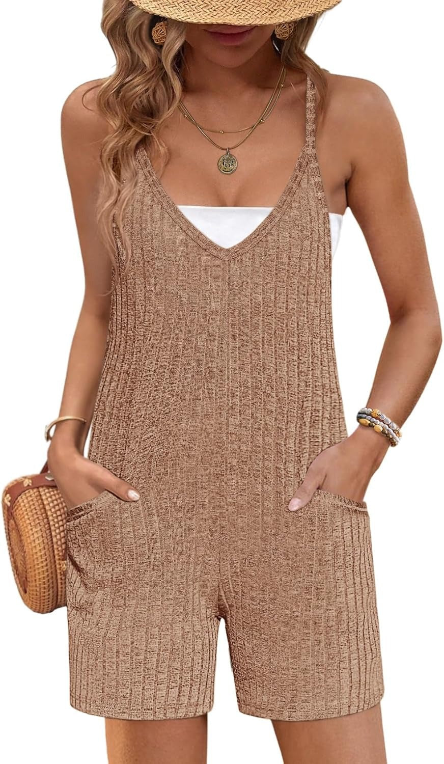 Rompers for Women Summer Casual Sleeveless Spaghetti Strap Jumpsuit Ribbed Shorts Overalls with Pockets
