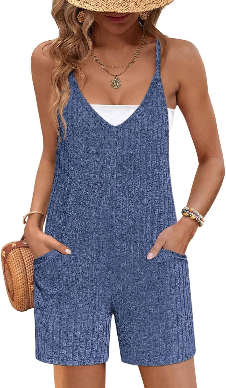 Rompers for Women Summer Casual Sleeveless Spaghetti Strap Jumpsuit Ribbed Shorts Overalls with Pockets