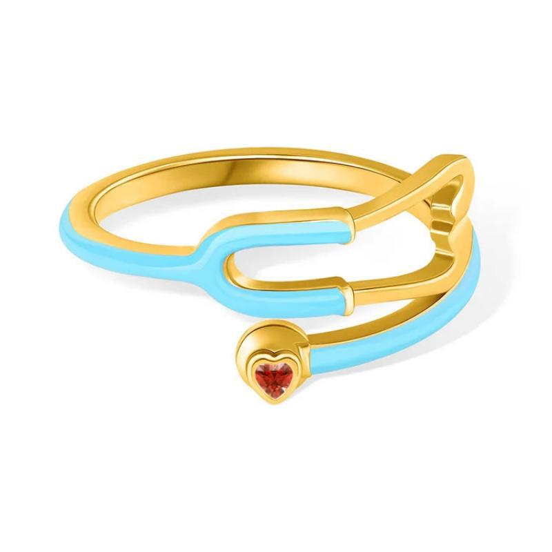 Personalized Multicolor Enamel Stethoscope Heart Birthstone Ring Nurses Week Appreciation Gift for Nurse Doctor Medical Staff