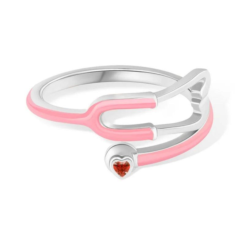 Personalized Multicolor Enamel Stethoscope Heart Birthstone Ring Nurses Week Appreciation Gift for Nurse Doctor Medical Staff