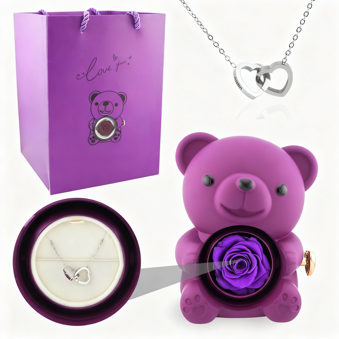 Eternal Rose Bear with Engraved Necklace